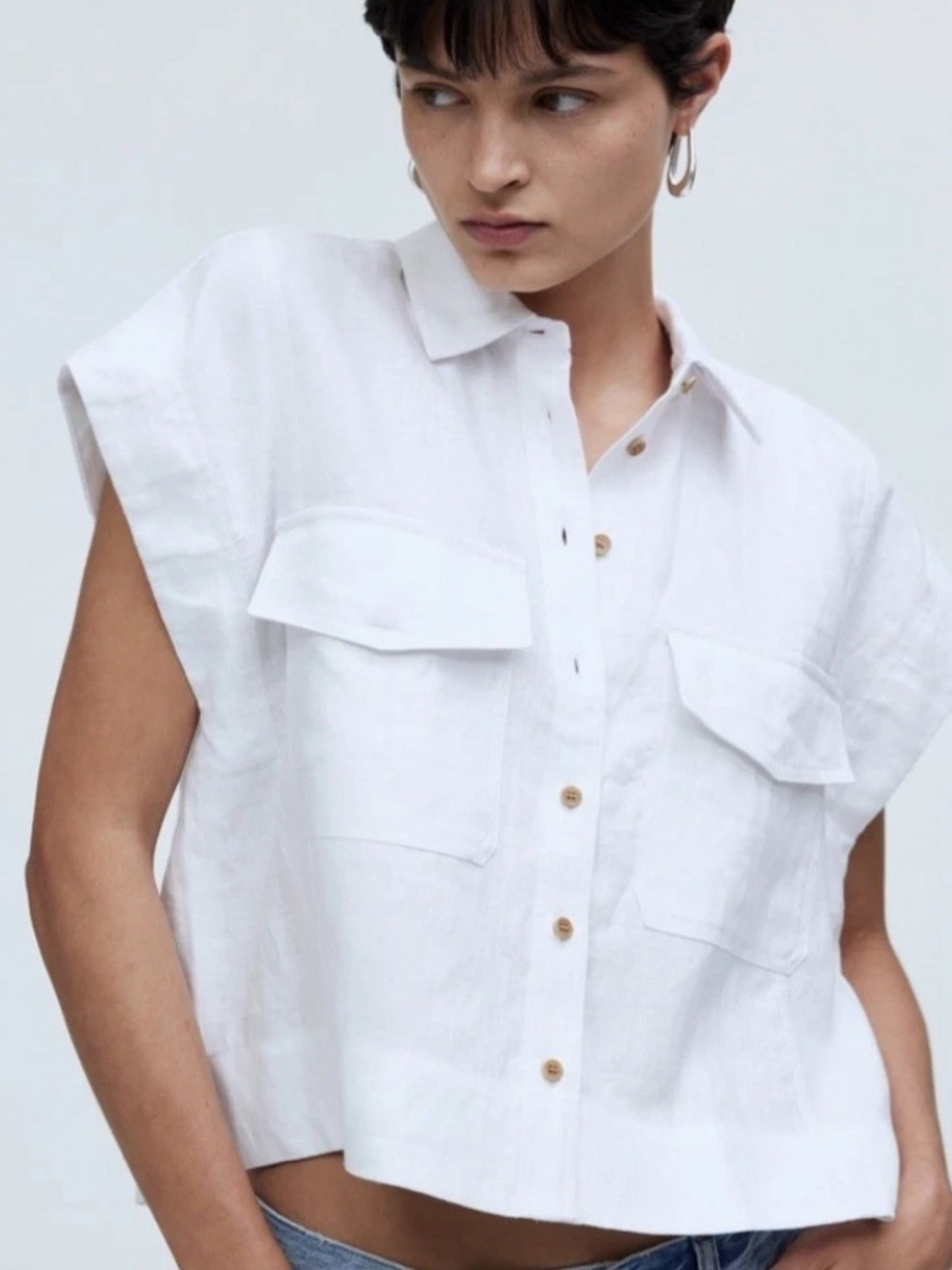 Madewell White Flap-Pocket Button-Up Shirt in 100% Linen, size M